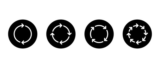 Sync, Loop arrow icon set in black circle. Refresh and repeat symbol. Synchronization and reload sign