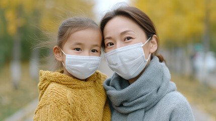 World allergy awareness day: mother and daughter in autumn setting promoting health and safety