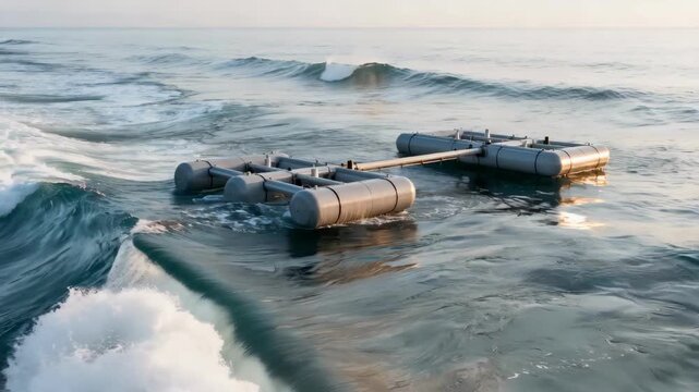 Medium shot of pontoons floating on rolling waves capturing kinetic energy from the sea for sustainable power generation in a calm marine setting.