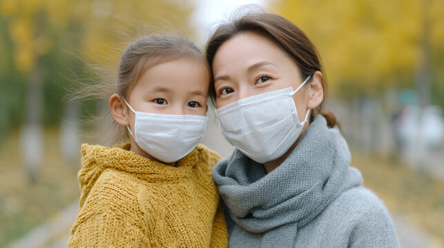 World allergy awareness day: mother and daughter in autumn setting promoting health and safety