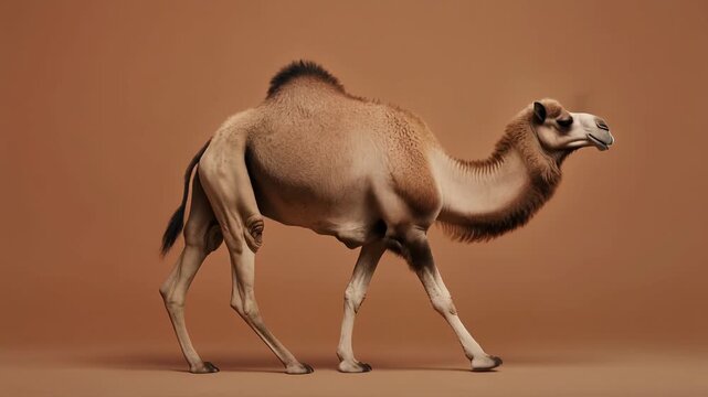 A dromedary camel walks gracefully across a plain brown studio background, showcasing its elegant profile and desert adaptation.
