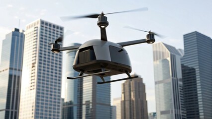 A modern drone hovers above a city skyline, showcasing innovation and technology amidst towering skyscrapers.