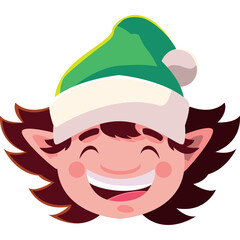 Cartoon illustration of a joyful elf wearing a green and white Christmas hat with a pompom against a transparent background perfect for holiday designs