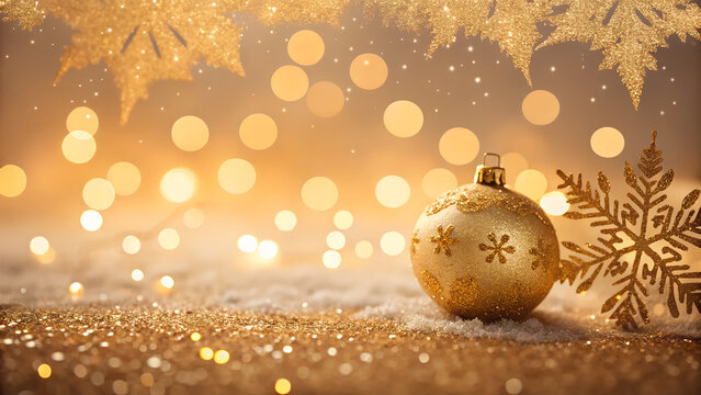 Golden snowflake sparkle with christmas ornament on glitter surface and warm festive bokeh holiday lights
