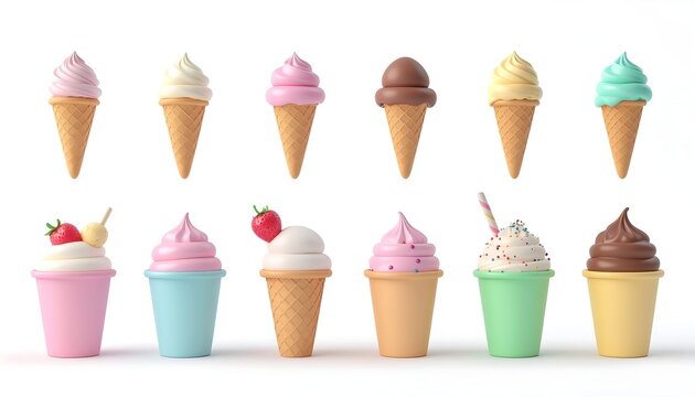 3D cartoon clay-style ice cream cones, cups, and popsicles in pastel colors, cute dessert collection for fun and playful designs.