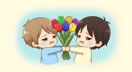 two chibi kids tug at the same bouquet of tulips, both pouting with big teary eyes.