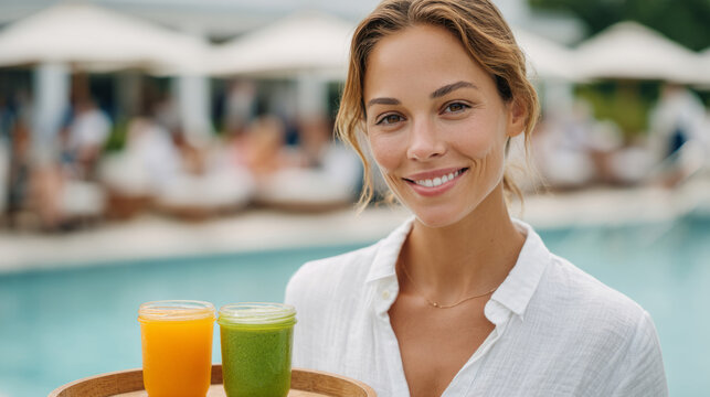 Friendly poolside service with female server in white shirt offering refreshing drinks
