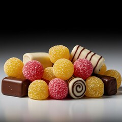 An inviting array of vibrant, glistening confectionery delights, showcasing a decadent and appealing collection of sugary treats. Pure indulgence ,yummy ,pastel ,playful