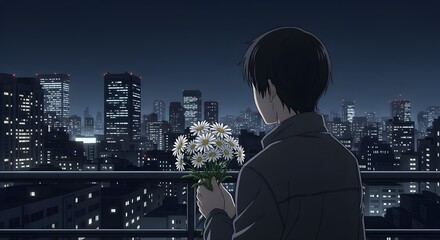 a young man holds a bouquet of daisies while waiting on a rooftop, city skyline glowing behind.