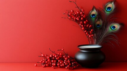 Happy Krishna Janmashtami concept. Pot with milk, bansuri and peacock feathers on red background. Traditional cartoon holiday greeting card	