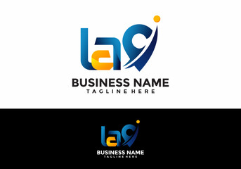 "LaG" Lettermark Logo Design Featuring a Stylized 'G' Location Icon Pin with Integrated Swoosh Element and Orange Dot Accents, Presented in Blue and White Color Variations for Business Branding