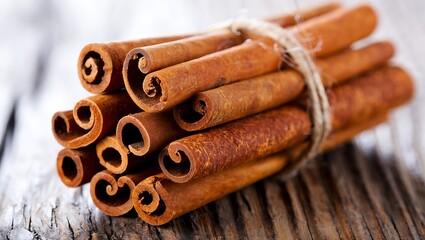 Rustic bundle of natural cinnamon sticks on wooden background with warm, sweet aroma. Perfect aromatic spice for baking, desserts, holiday cooking, and cozy seasonal food photography.