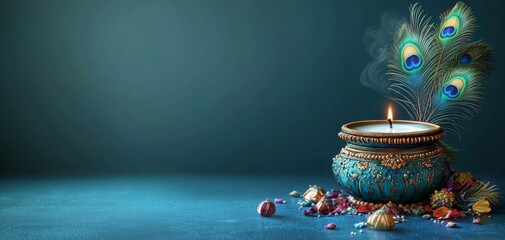 Happy Krishna Janmashtami concept. Pot with milk, bansuri and peacock feathers on blue background. Traditional cartoon holiday greeting card	
