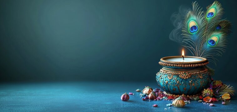 Happy Krishna Janmashtami concept. Pot with milk, bansuri and peacock feathers on blue background. Traditional cartoon holiday greeting card	
 - Powered by Adobe