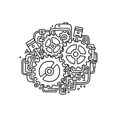 Intricate Gear System Illustration with Pistons and Pipes.