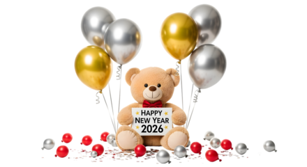 Teddy bear holding happy new year 2026 sign
