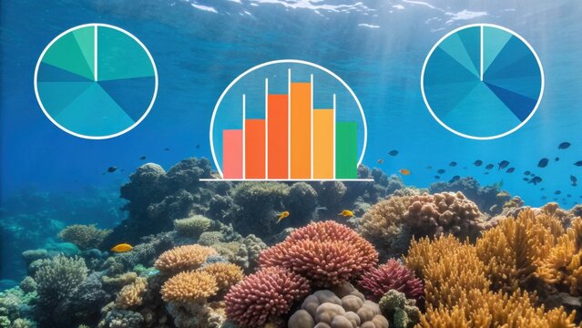 A vibrant underwater scene featuring coral reefs, with statistical graphs overlaying the image, highlighting marine biodiversity and environmental data. - Powered by Adobe