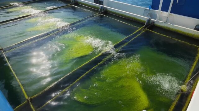 Large outdoor aquaculture tanks with bubbling green water for marine microalgae cultivation and research