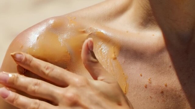 Close up of a person's chest and shoulder with a drop of liquid sunscreen on their collarbone