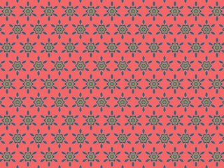 Floral pattern with coral background and symmetrical, geometric design.