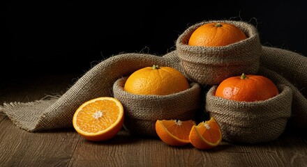 Artisanal fruits wrapped in textured burlap fabric, arranged on a rustic wooden surface, evoking a natural, handmade aesthetic ,burlap ,organic ,earthy