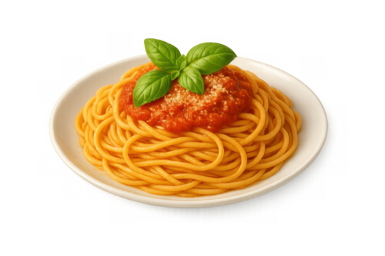 Spaghetti pasta with tomato sauce, basil, and grated cheese on a white plate, served as a classic italian meal