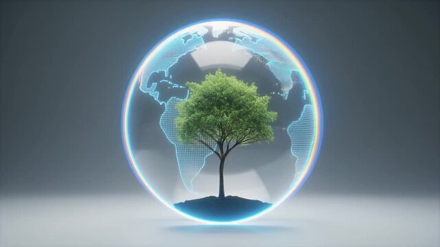 Conceptual 3D rendering of a tree inside a glowing globe, symbolizing global environmental care and sustainability
