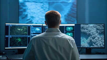 A person analyzes digital data on multiple screens in a darkened environment, focused on intricate visuals related to research or monitoring.