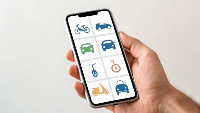 A hand holding a smartphone displays various transportation icons, showcasing options like bikes, cars, and scooters in a grid layout.