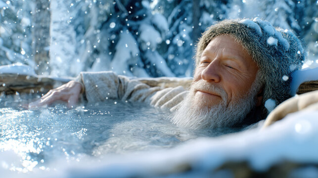 Relaxed elderly man enjoys warm outdoor bath in snowy forest during christmas, wearing cozy hat, peaceful winter holiday scene