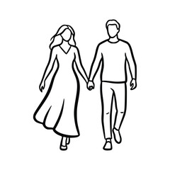 Couple Walking HandinHand A Simple Line Drawing.