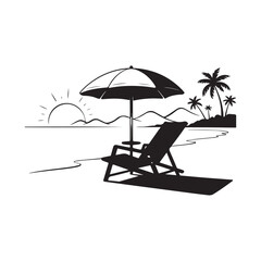 Beach Scene Silhouette with Palm Tree, Umbrella, and Chair
