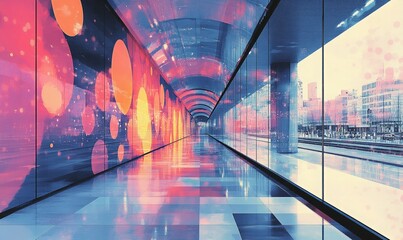 Futuristic interior of a long tunnel with light effects and urban view outside. Modern architecture in a city. Abstract digital art.