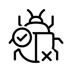 Bug icon with magnifying glass and checkmark, representing bug fixing and quality assurance