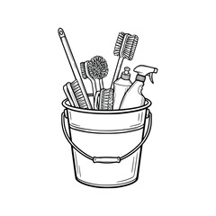 Cleaning Supplies in a Bucket Brushes Sprays and Bottles.