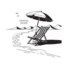 Tropical Paradise Beach Scene Silhouette Vector Graphic