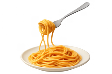 Spaghetti pasta twirling on a fork above a white plate, ready for eating, traditional italian cuisine on transparent background