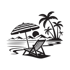 Summer Beach Scene Silhouette Vector with Umbrella and Chair