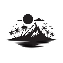 Island Adventure Silhouette Vector Graphic with Mountains