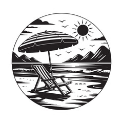 Tropical Beach Paradise Silhouette Vector Icon with Chair