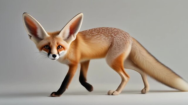 A fennec fox with large ears and sandy fur stands looking forward.