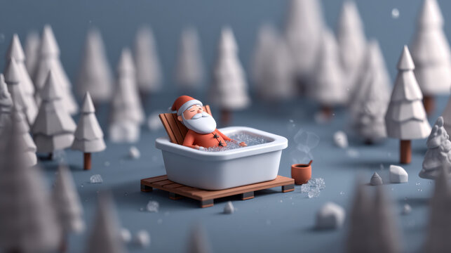 Santa relaxing in hot tub surrounded by snowy christmas trees in peaceful winter forest scene with warm festive atmosphere