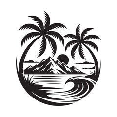 Tropical Island Beach Circular Silhouette Vector Badge