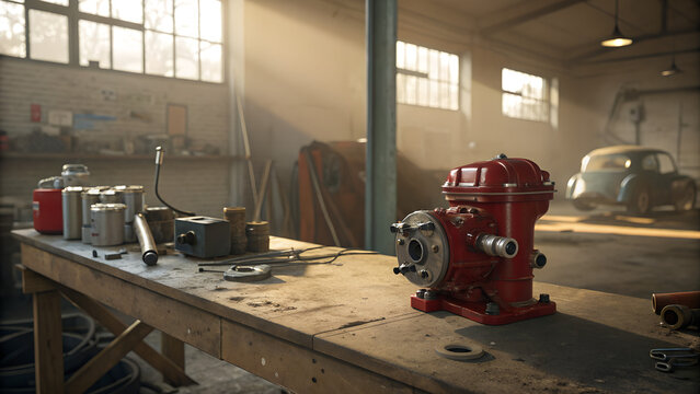 Restored red carburetor on workbench in sunlit garage with vintage engine block, classic car restoration, mechanical history.