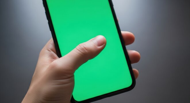 Mobile Touch Screen Gesture: Close-up of a Hand Using a Thumb to Tap or Scroll on a Blank Green Screen Smartphone for User Interface and App Mockup