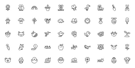 Spring icon set. Vector illustration pack. Includes lower, bee, rainbow, buttefly, rabbit, bird, sun, Eater, forest and more. Editble vector graphics.