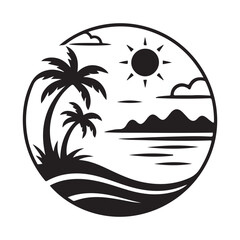 Tropical Island Paradise Circular Silhouette Vector Badge