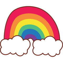 Cartoon Rainbow with Clouds Colorful Arc Vivid Spectrum Red Orange Yellow Green Blue Indigo Violet Bright Sky Elements Hand Drawn Style