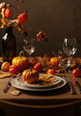 A beautifully arranged table, adorned with autumn leaves and gourds, prepared for a festive seasonal gathering. Warm tones create a cozy ambiance ,traditional ,leaves ,abundance