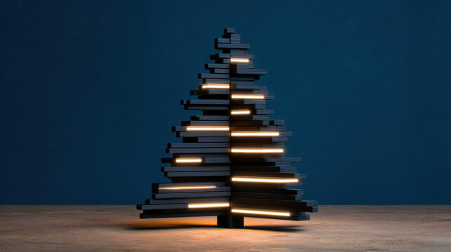Modern christmas tree with geometric design and glowing lights creates festive atmosphere in minimalist interior setting